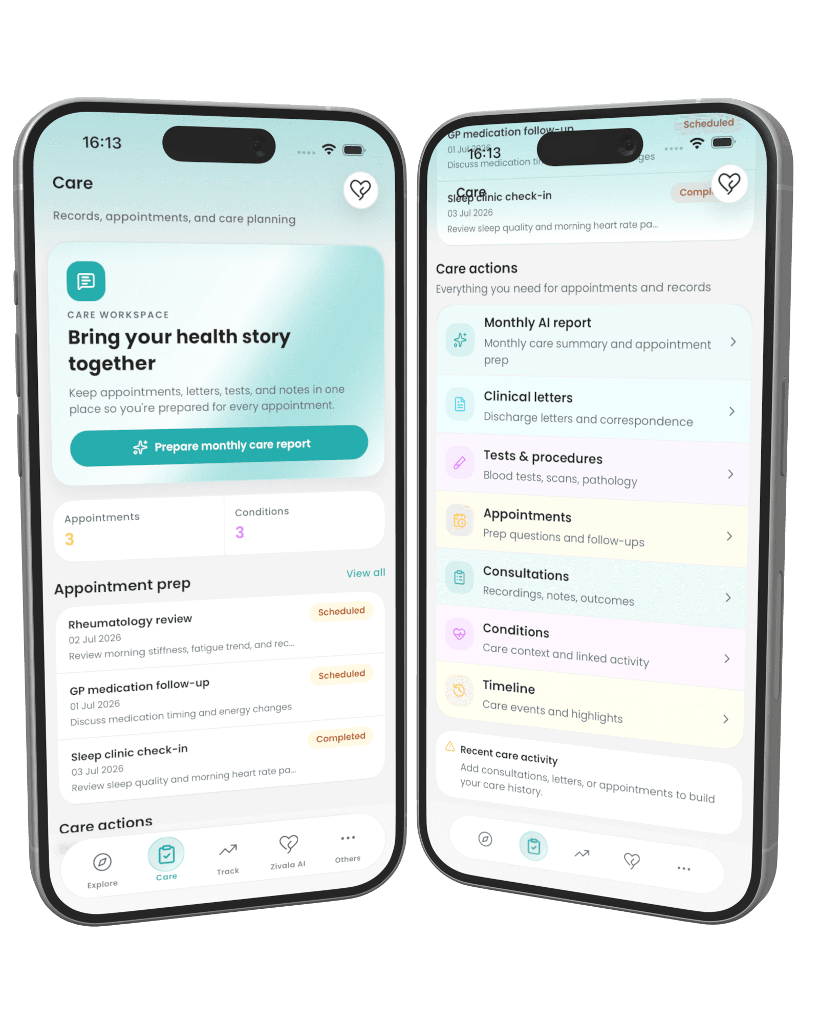 Zivala Care screen with records and appointment timeline