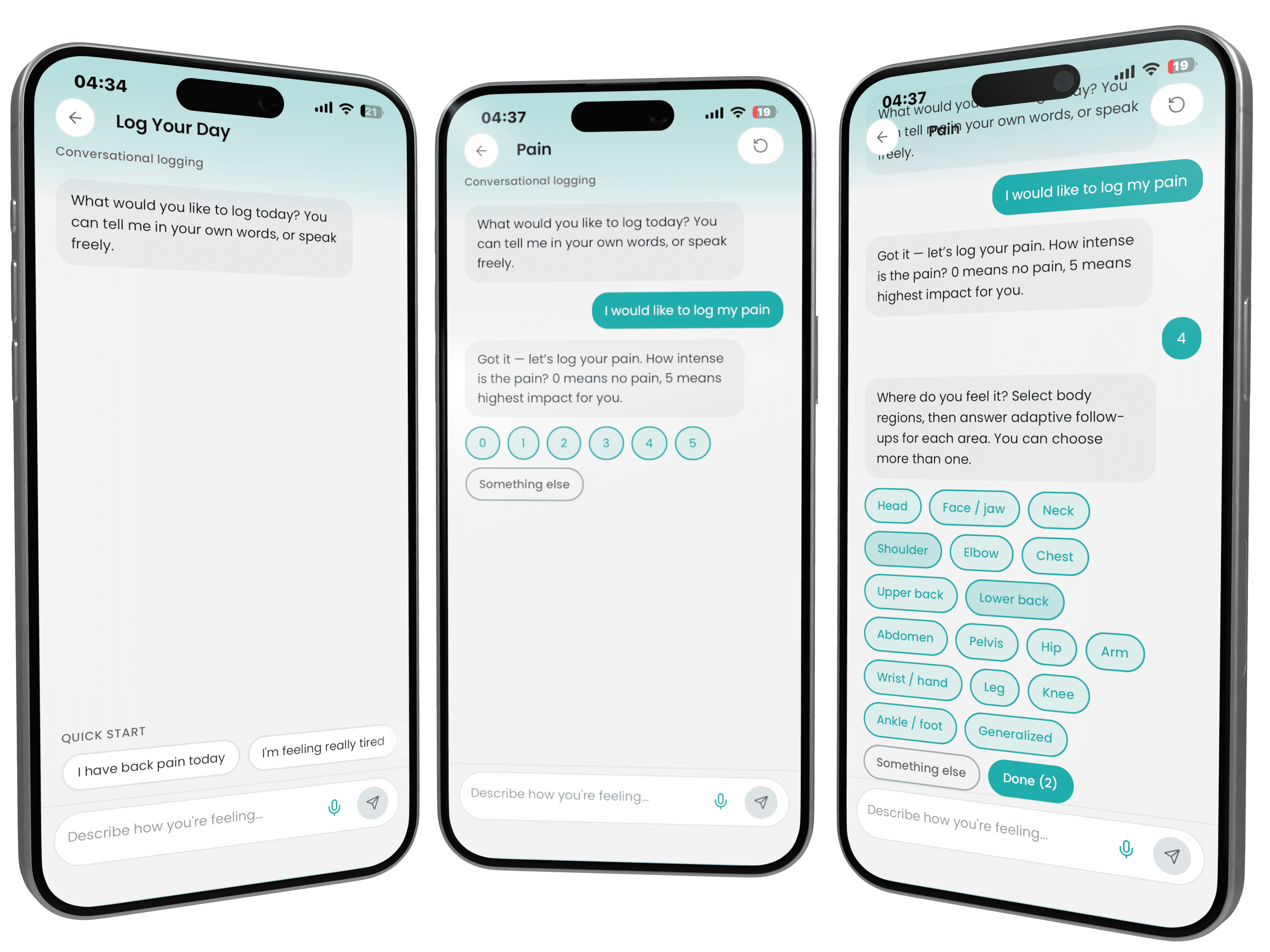 Zivala conversational logging flow for recording pain in your own words