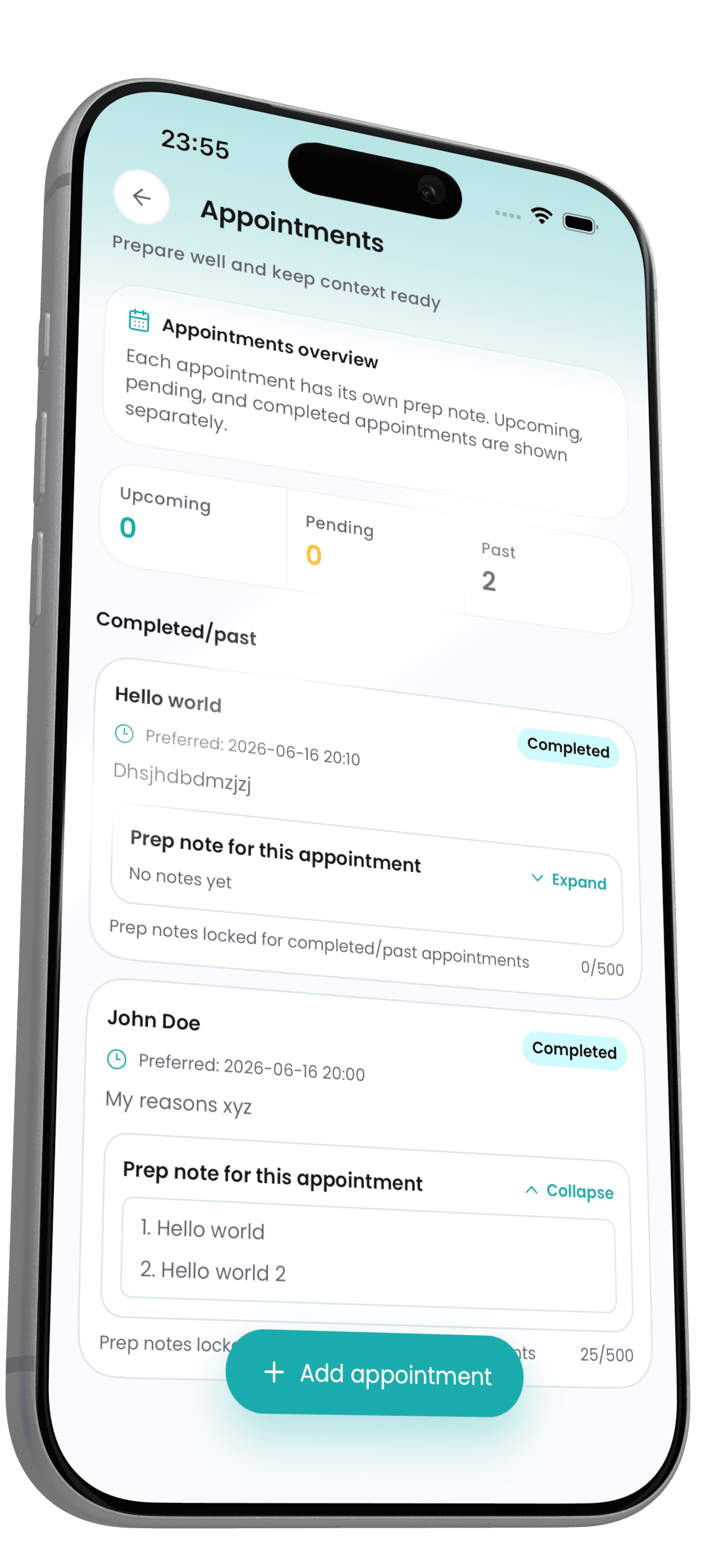 Zivala appointment preparation screen