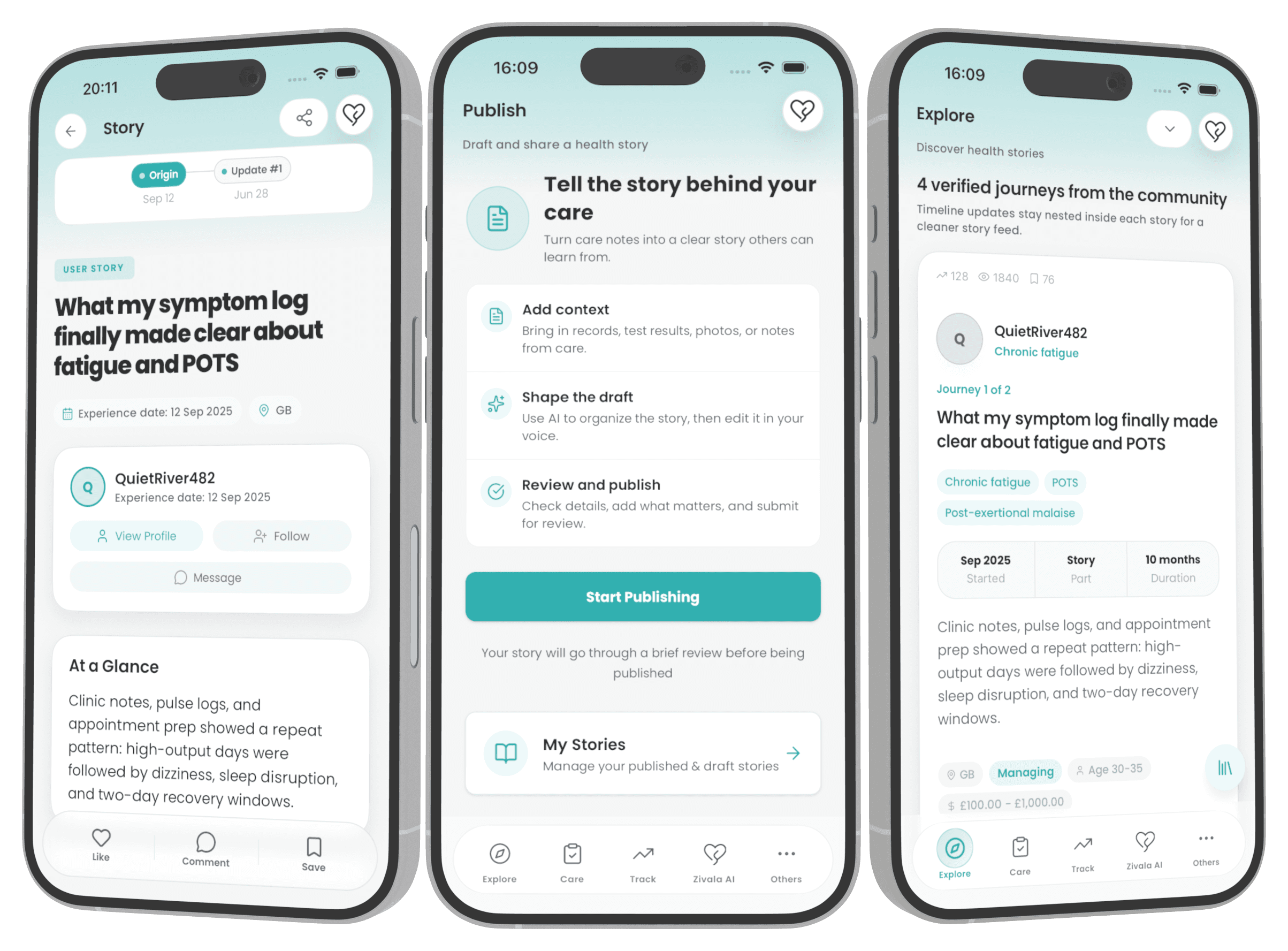 Zivala Explore screen with patient-reported stories