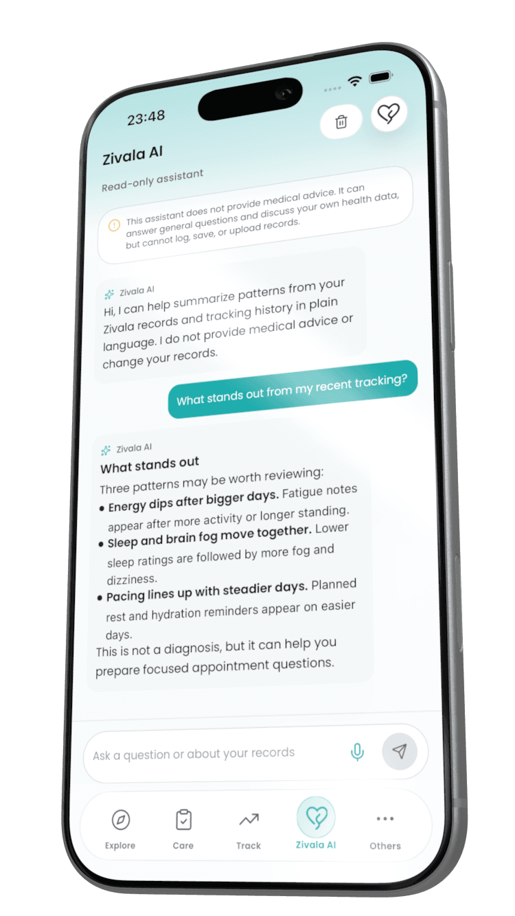 Zivala AI chat screen with conversational health assistant